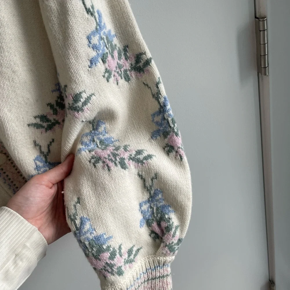 Love Shack Fancy Floral Knit Cardigan Sweater - White and Blue - Picture 7 of 8